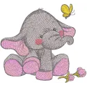 Elephant's touching acquaintance with butterfly embroidery design, showcasing a delicate interaction between the two.