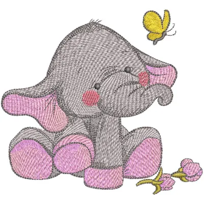 Elephant's touching acquaintance with butterfly embroidery design, showcasing a delicate interaction between the two.