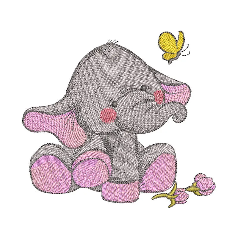 Elephant's touching acquaintance with butterfly embroidery design, showcasing a delicate interaction between the two.