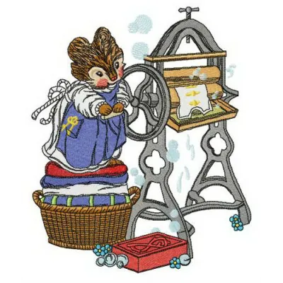 Laundress embroidery design featuring charming mice, ideal for embellishing towels and aprons.