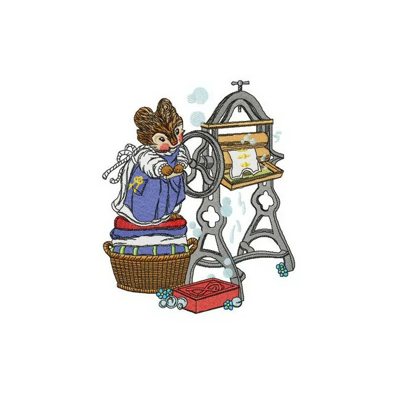 Laundress embroidery design featuring charming mice, ideal for embellishing towels and aprons.