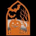 Halloween pumpkin on a fence embroidery design showcasing a festive autumn scene for creative stitching.