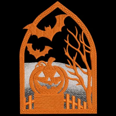 Halloween pumpkin on a fence embroidery design showcasing a festive autumn scene for creative stitching.