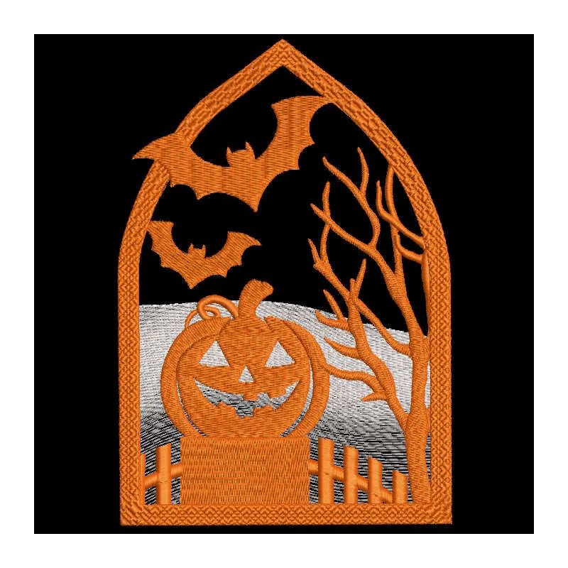 Halloween pumpkin on a fence embroidery design showcasing a festive autumn scene for creative stitching.
