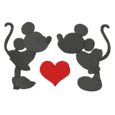 First kiss embroidery design featuring Mickey Mouse, showcasing a charming stitched motif for creative projects.