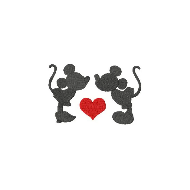 First kiss embroidery design featuring Mickey Mouse, showcasing a charming stitched motif for creative projects.