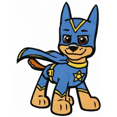 Preview of Paw Patrol Super Chase embroidery design featuring a playful dog character, ideal for kids' apparel.