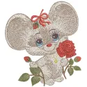 Embroidery design featuring a charming mouse holding a vibrant red rose, perfect for various creative projects.