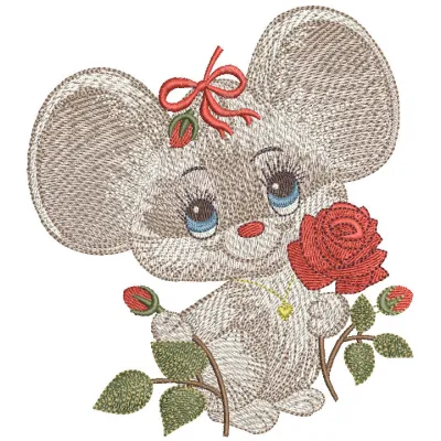 Embroidery design featuring a charming mouse holding a vibrant red rose, perfect for various creative projects.