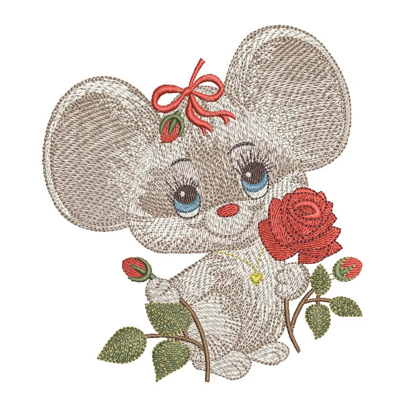 Embroidery design featuring a charming mouse holding a vibrant red rose, perfect for various creative projects.