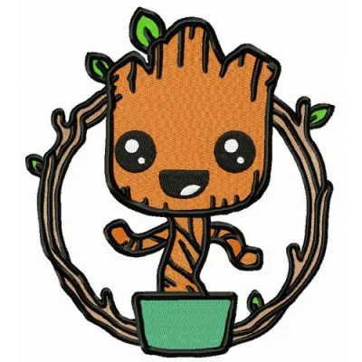 Marvel Groot embroidery design featuring a cheerful character ideal for stitching on t-shirts and tote bags.