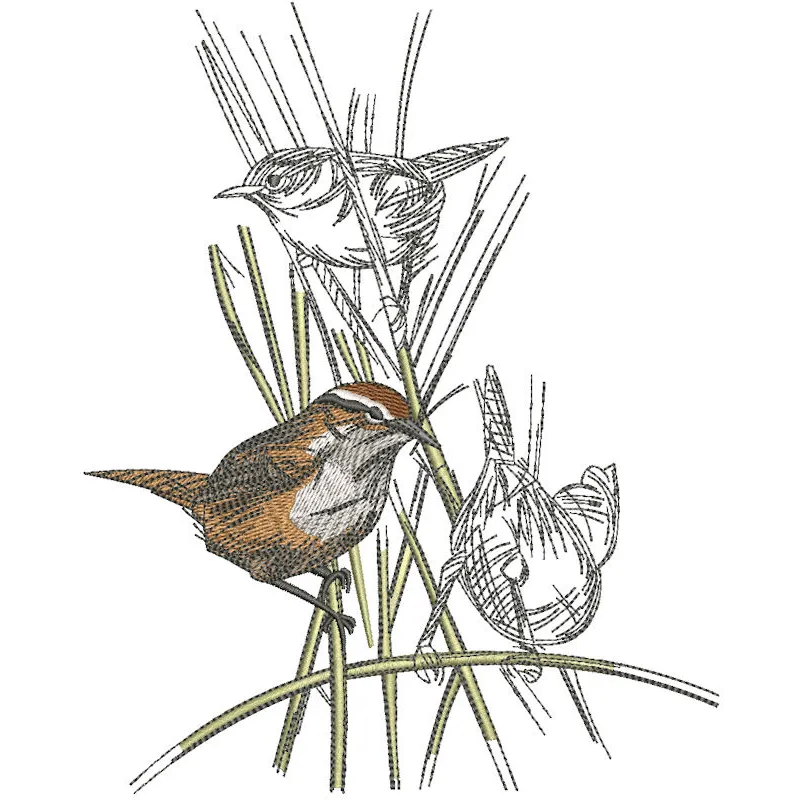 Kinglets embroidery design showcasing intricate bird motifs, perfect for embellishing apparel and home decor.