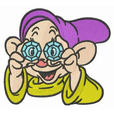 Dopey embroidery design featuring the beloved dwarf from Snow White, perfect for stitching on various fabric items.