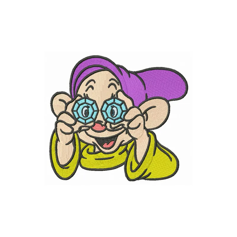 Dopey embroidery design featuring the beloved dwarf from Snow White, perfect for stitching on various fabric items.