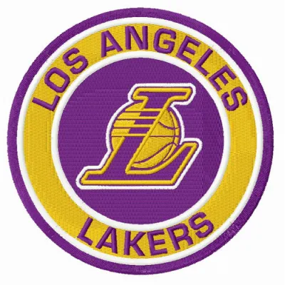 Los Angeles Lakers round logo embroidery design showcasing vibrant team colors for stitching on apparel or accessories.