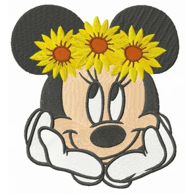 Minnie Mouse embroidery design featuring a charming flower wreath, ideal for stitching on various fabric items.