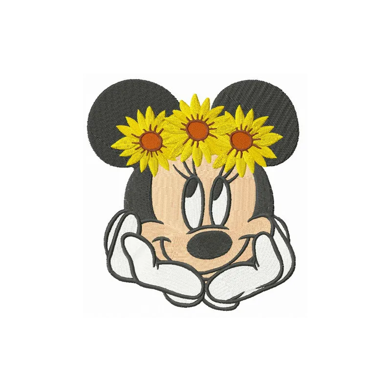 Minnie Mouse embroidery design featuring a charming flower wreath, ideal for stitching on various fabric items.