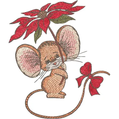 Mouse embroidery design featuring a vibrant pink flower, perfect for adding charm to your projects.