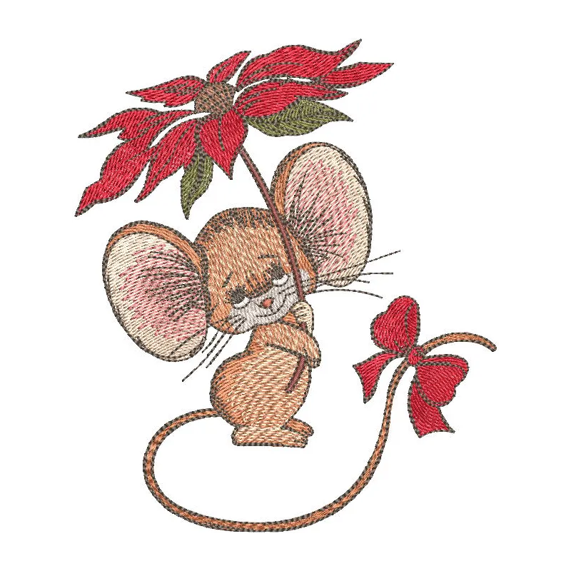 Mouse embroidery design featuring a vibrant pink flower, perfect for adding charm to your projects.