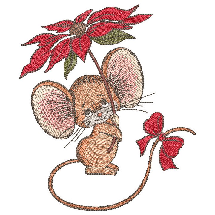 Mouse with bright pink flower embroidery design - Embroidery Design