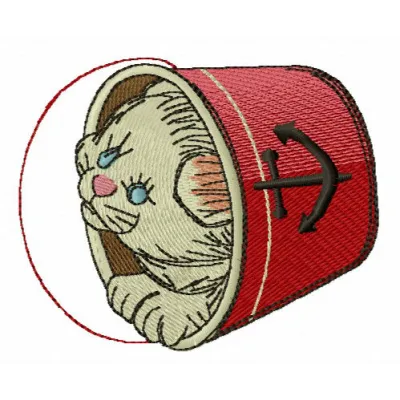 Adorable kitten in a bucket embroidery design, showcasing a charming stitched motif for cat lovers.