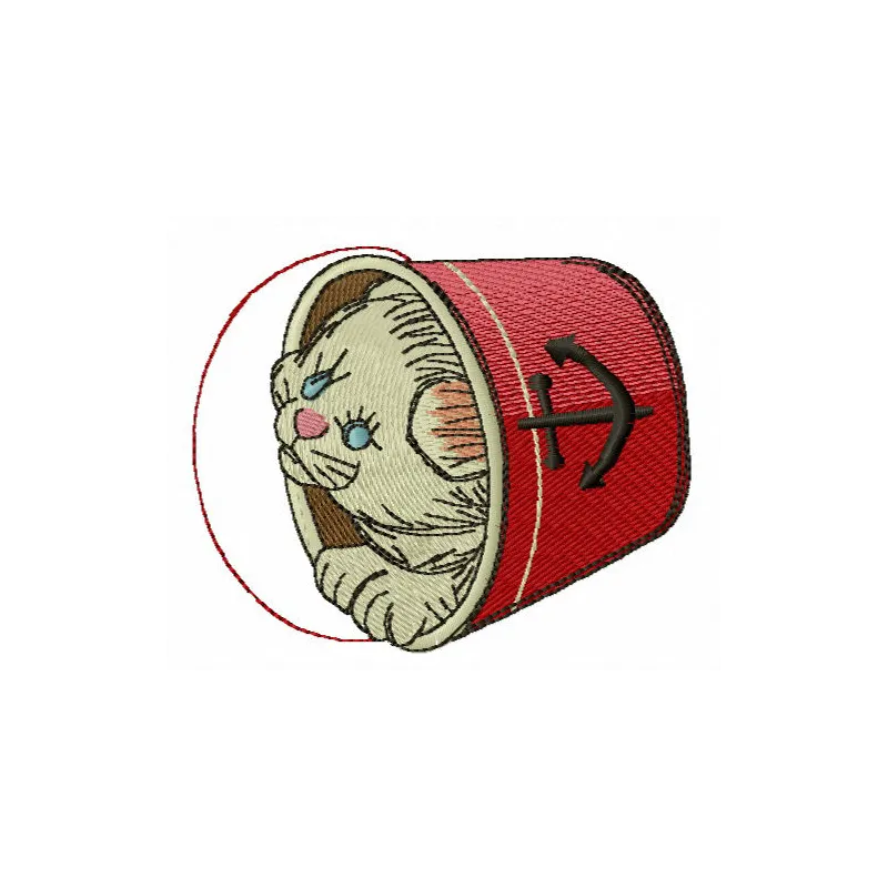 Adorable kitten in a bucket embroidery design, showcasing a charming stitched motif for cat lovers.