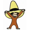 Curious George with a yellow hat embroidery design featuring a playful monkey motif, ideal for kids' apparel.