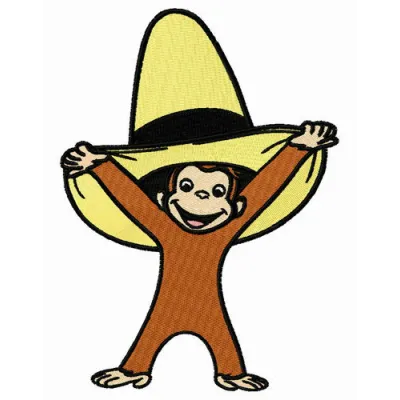 Curious George with a yellow hat embroidery design featuring a playful monkey motif, ideal for kids' apparel.