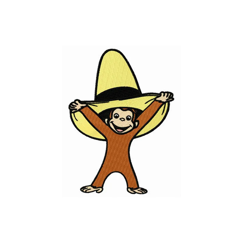 Curious George with a yellow hat embroidery design featuring a playful monkey motif, ideal for kids' apparel.