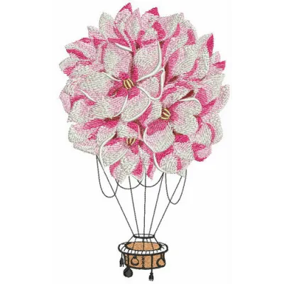 Floral hot air balloon embroidery design featuring vibrant flowers, ideal for embellishing t-shirts and tote bags.