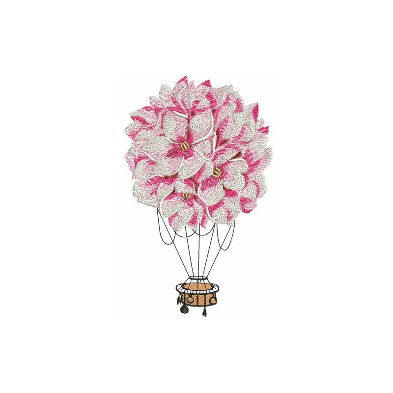 Floral hot air balloon embroidery design featuring vibrant flowers, ideal for embellishing t-shirts and tote bags.
