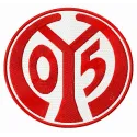 Mainz 05 logo embroidery design showcased on a fabric background, ideal for stitching on sports apparel and accessories.
