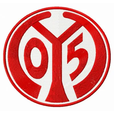Mainz 05 logo embroidery design showcased on a fabric background, ideal for stitching on sports apparel and accessories.