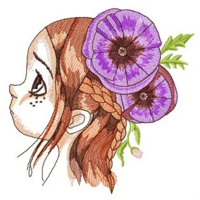 Embroidery design of a girl with freckles, showcasing a charming stitched motif for girls and women.
