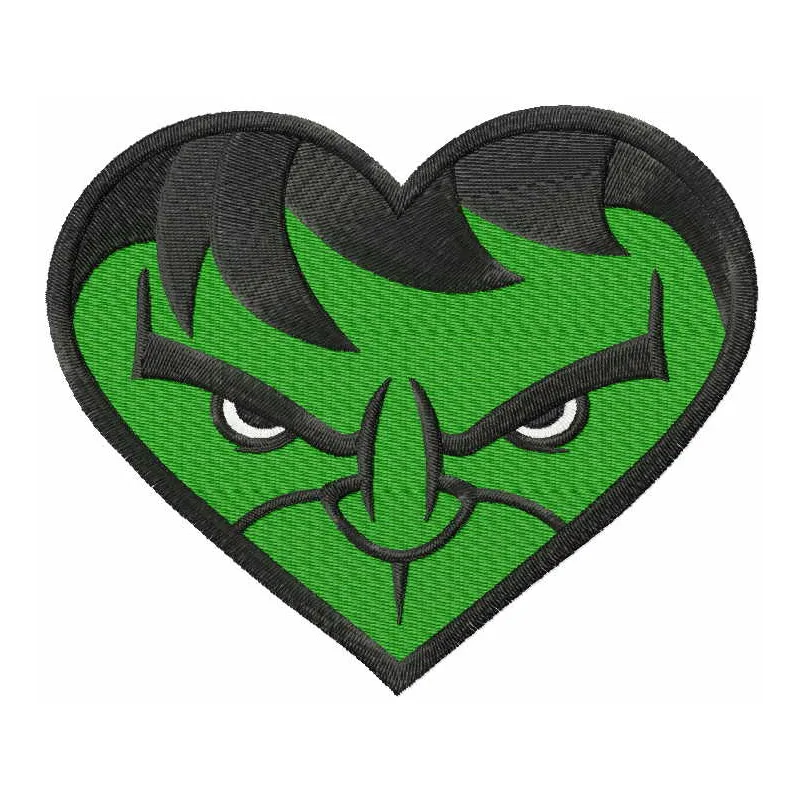 Hulk heart embroidery design showcasing a vibrant, stitched motif of the iconic superhero's heart symbol.