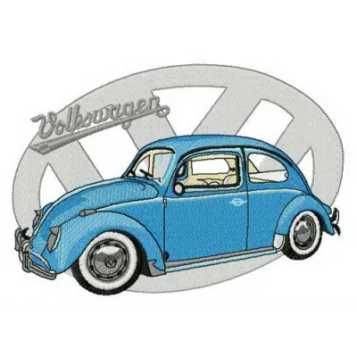 Volkswagen Type 1 embroidery design featuring a classic car motif, ideal for stitching on apparel and accessories.