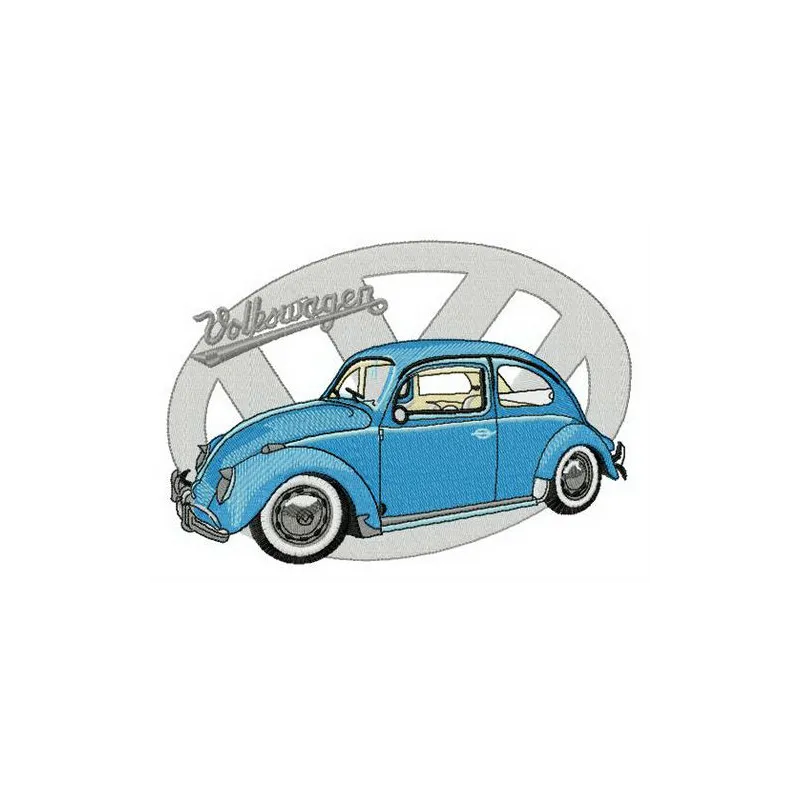 Volkswagen Type 1 embroidery design featuring a classic car motif, ideal for stitching on apparel and accessories.