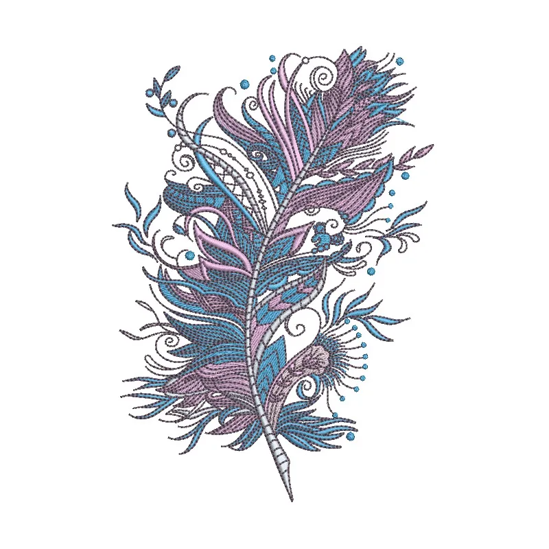 Preview of the Firebird's feather embroidery design, showcasing intricate feather and wing patterns for creative projects.