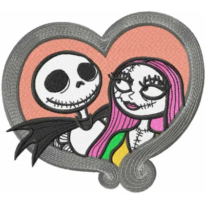Jack and Sally love embroidery design featuring iconic characters from The Nightmare Before Christmas.