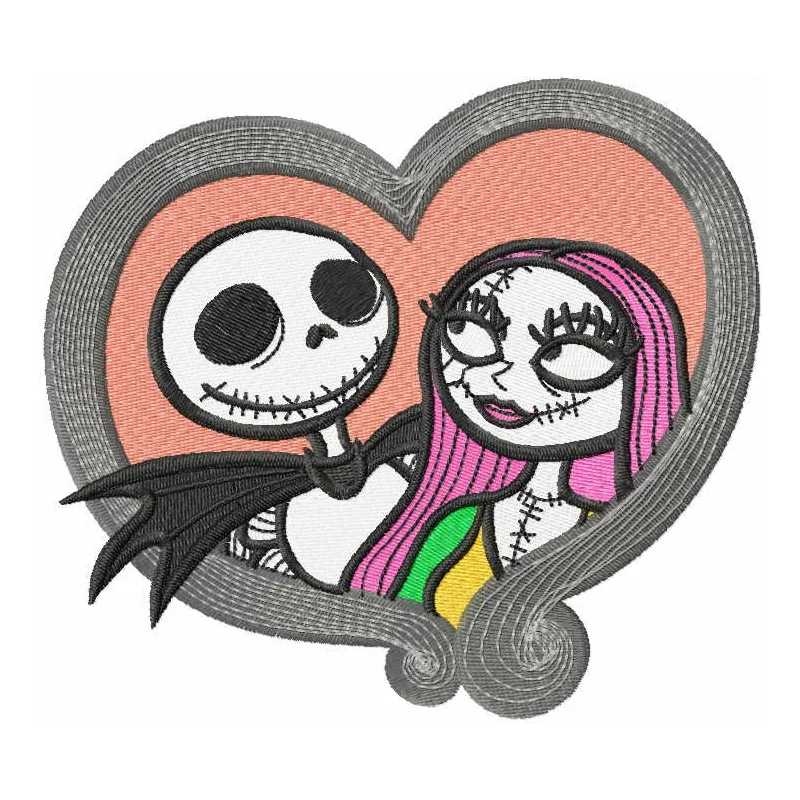 Jack and Sally love embroidery design featuring iconic characters from The Nightmare Before Christmas.