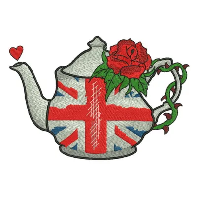 Preview of English tea time embroidery design featuring teapots and cups, perfect for kitchen decor projects.
