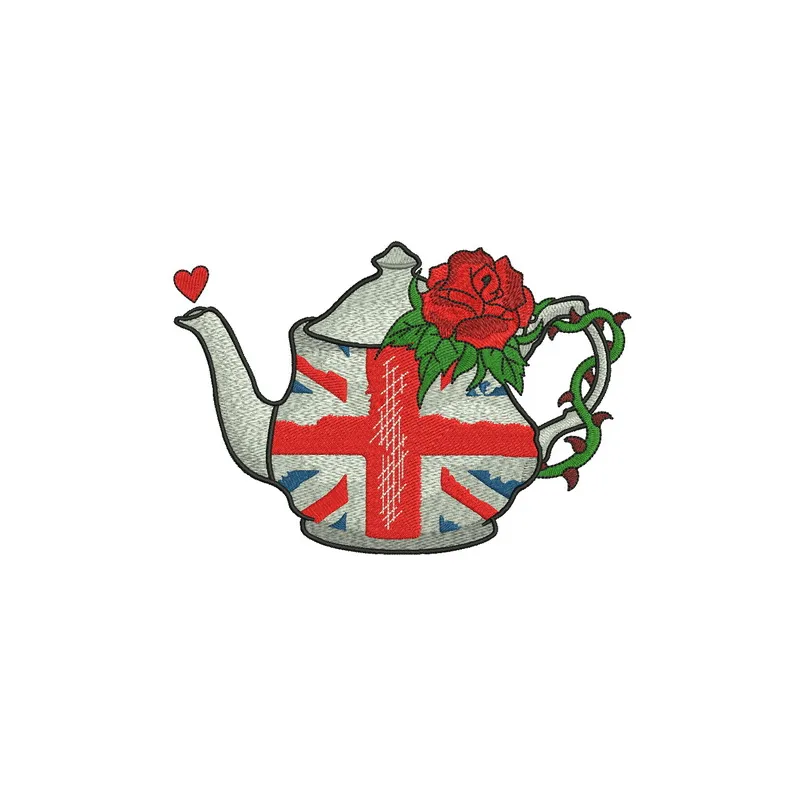Preview of English tea time embroidery design featuring teapots and cups, perfect for kitchen decor projects.