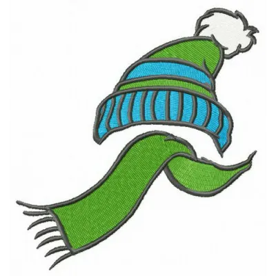 Embroidery design featuring a cozy knitted scarf and hat, perfect for personalizing winter apparel.