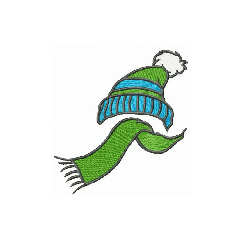 Embroidery design featuring a cozy knitted scarf and hat, perfect for personalizing winter apparel.
