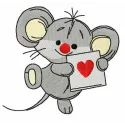 Adorable Mousekin holding a Valentine card embroidery design, perfect for stitching on a variety of items.