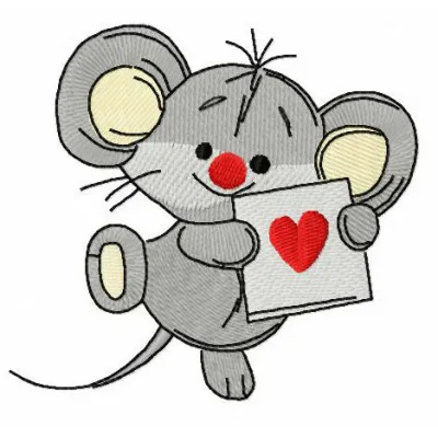 Adorable Mousekin holding a Valentine card embroidery design, perfect for stitching on a variety of items.