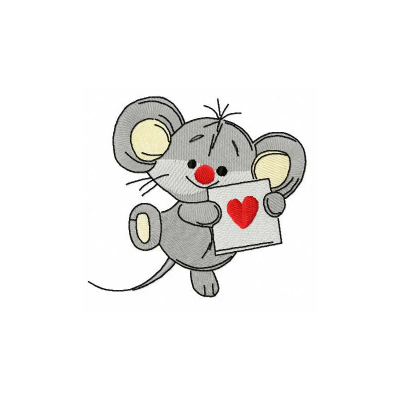 Adorable Mousekin holding a Valentine card embroidery design, perfect for stitching on a variety of items.