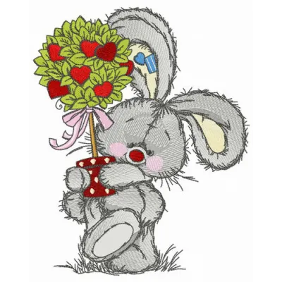 Bunny with Valentine tree embroidery design, showcasing a cute motif perfect for festive stitching on various items.