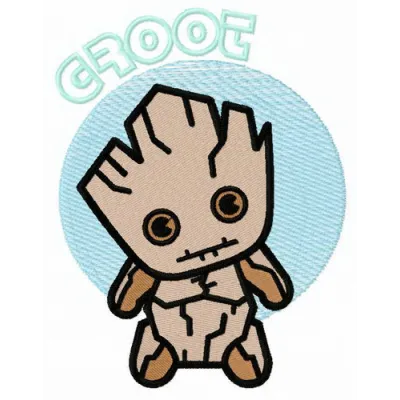 Young Groot embroidery design featuring a cute, playful character perfect for t-shirts and tote bags.