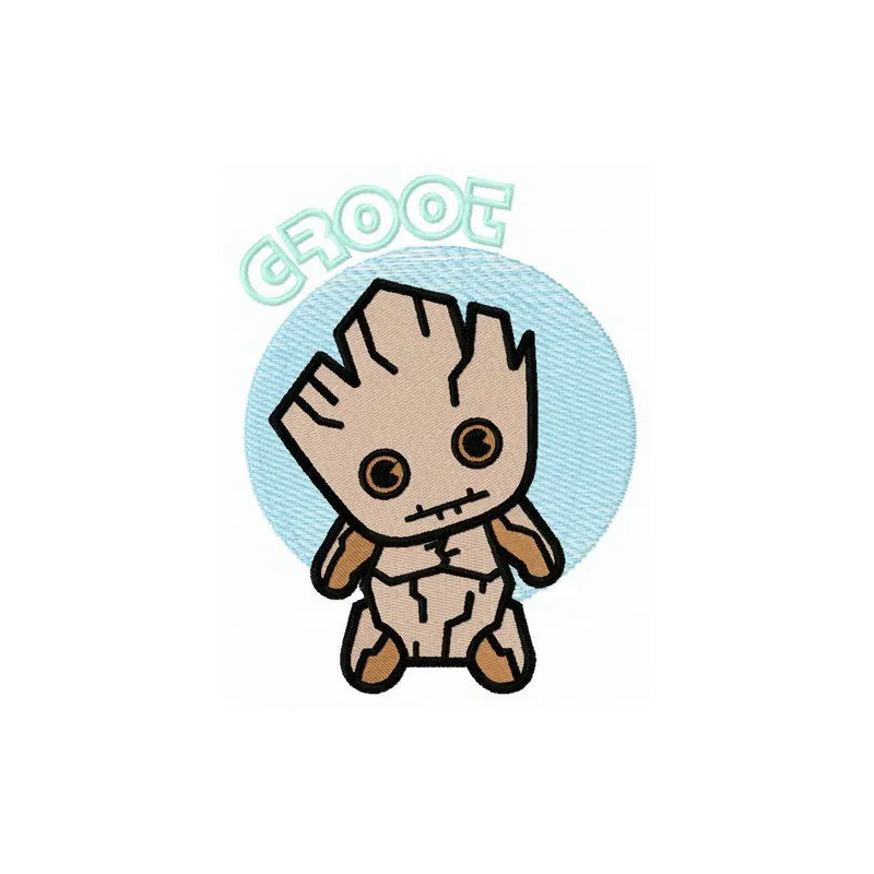 Young Groot embroidery design featuring a cute, playful character perfect for t-shirts and tote bags.